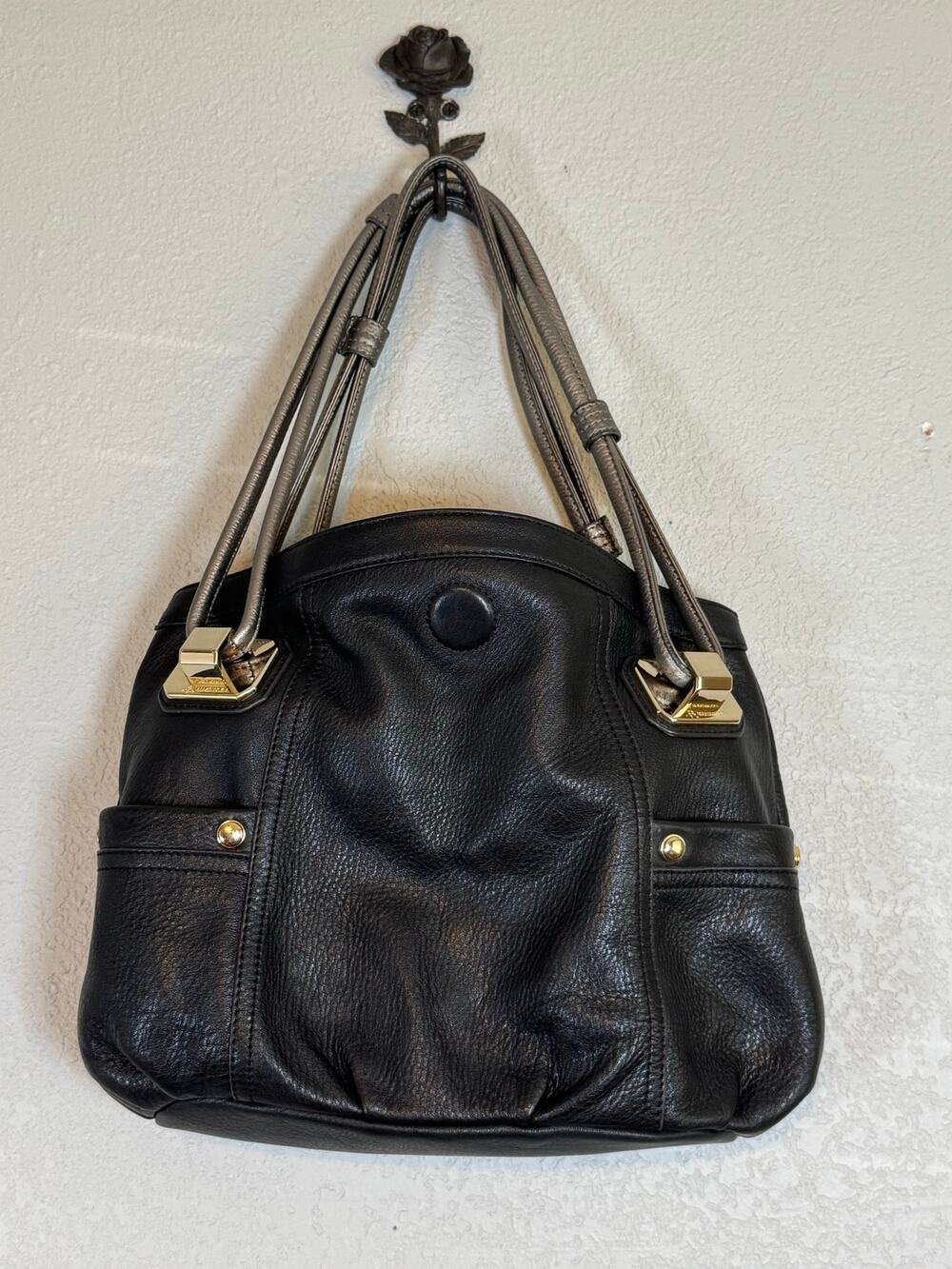 Y2K B. Makowsky Black Metallic Leather Shoulder Bag Hobo Slouchy Gold Hardware
